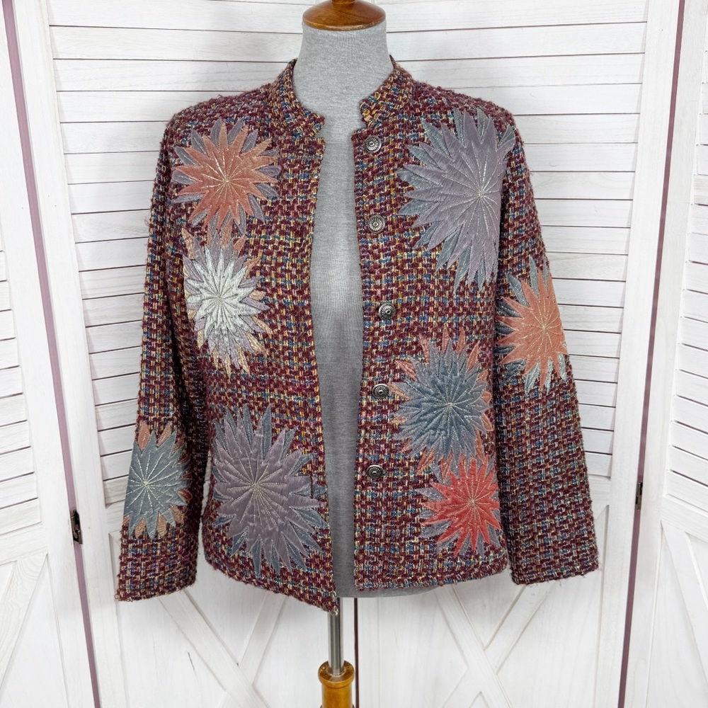 Indigo Moon Tweed Blazer Women Small Maroon Flower Patches Button Front‎ Jacket